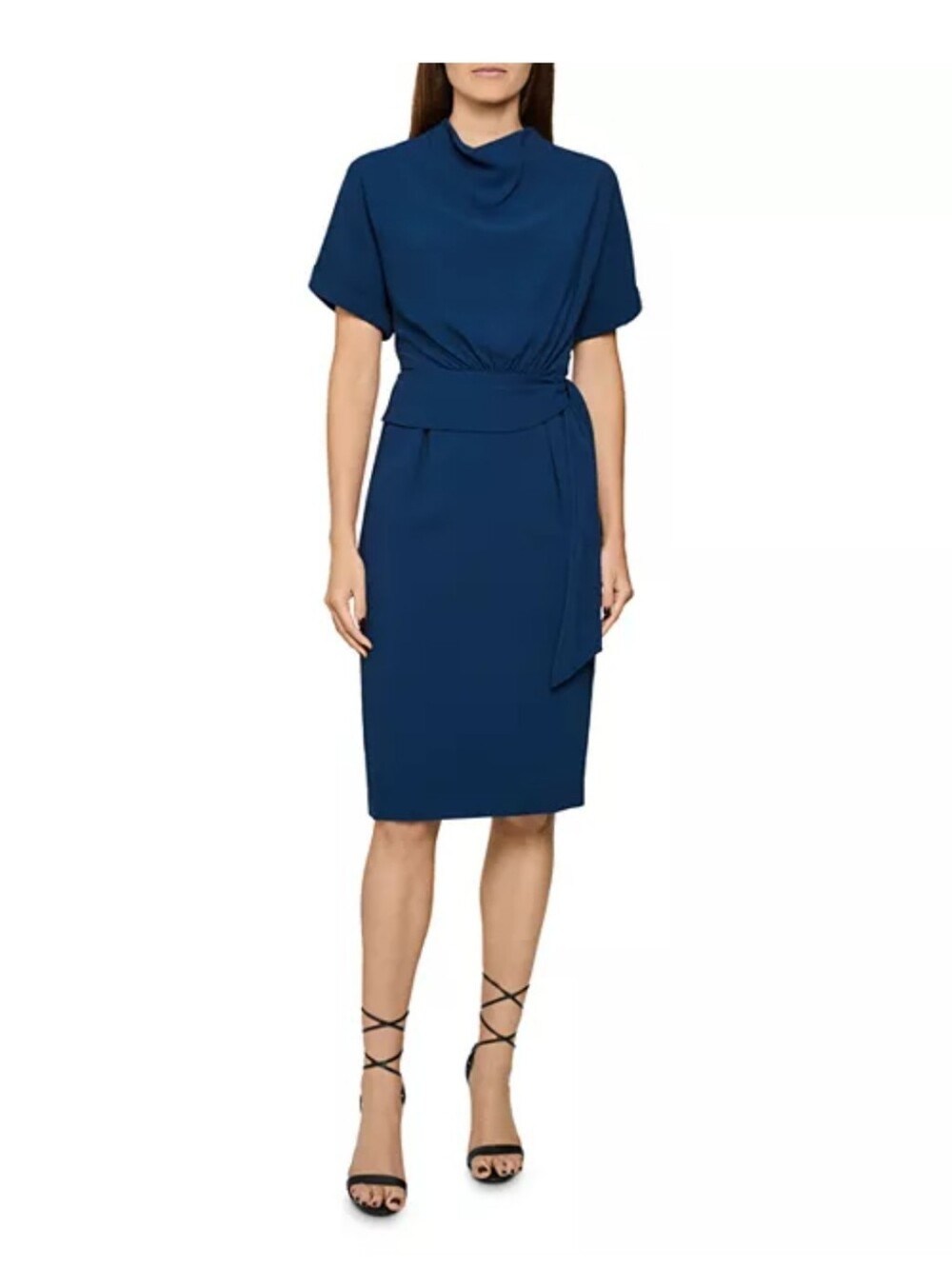 Reiss Lola Teal Short Sleeve Midi Dress with Tie Waist